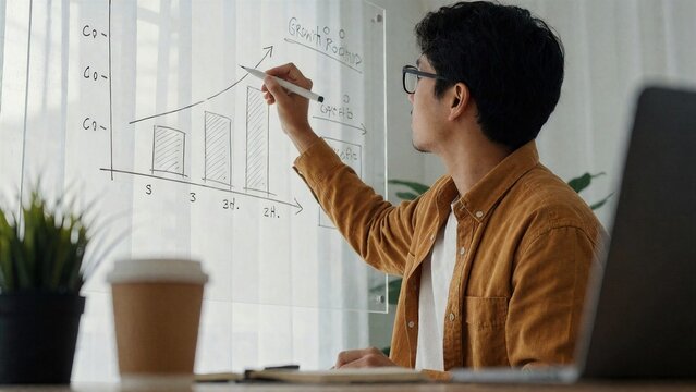 Man charting exponential growth curve on whiteboard, data analysis and success concept