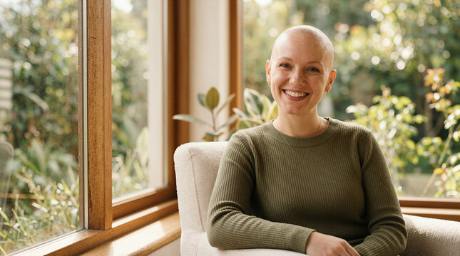 Smiling bald woman sitting in armchair by sunny window at home
