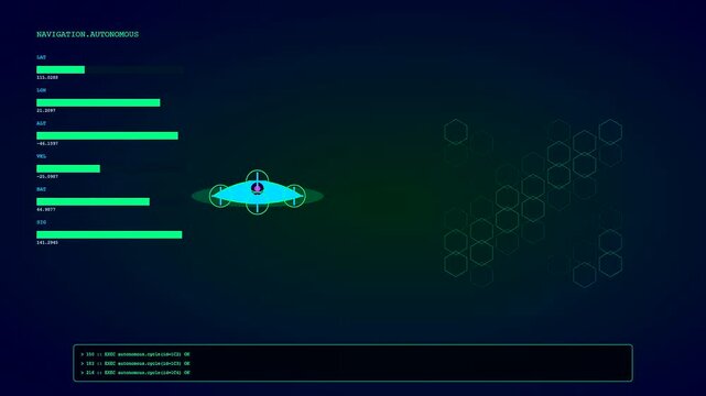 Digital autonomous workflow interface displays dynamic vehicle movement patterns and data metrics while system logs update rapidly across a dark gradient screen with glowing green geometry