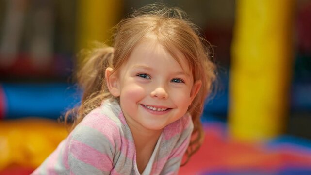Smiling child at indoor play area or bounce house.