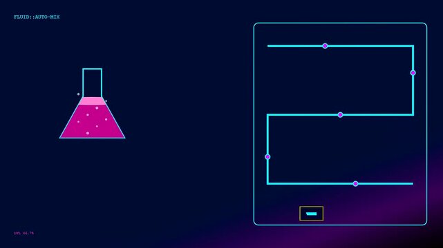 An autonomous workflow interface shows a digital laboratory beaker with moving liquid sliders and graphical lines isolated on a dark blue glowing screen panel display