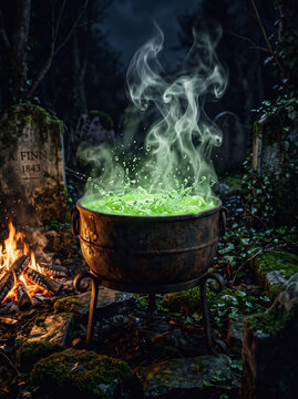 Witch cauldron with green magic potion. Bubbling brew in a dark spooky graveyard setting.