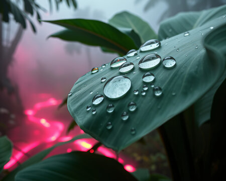 Gouttes d'eau cristallines pos&eacute;es sur une feuille verte, avec une fleur rose floue en arri&egrave;re-plan, capturant la fra&icirc;cheur et la beaut&eacute; de la nature apr&egrave;s la pluie du matin