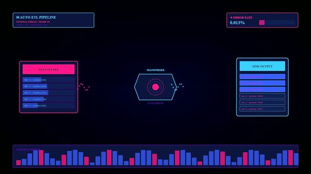 A fluid autonomous workflow display shows cascading data packets moving through hexagonal digital hubs while flickering bar charts pulse along the bottom edge of panels