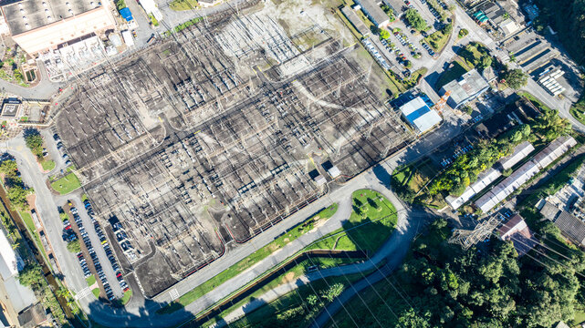 Aerial view of the electrical switchyard at the Nuclear Power Plant Angra 2, featuring power infrastructure, transformers, and surrounding greenery in Angra dos Reis, Rio de Janeiro, Brazil.