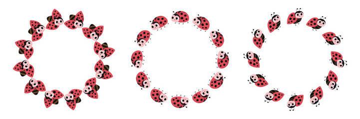Cute ladybug round frames set isolated on white background. Vector illustration of cute insect borders, red beetle wreaths for spring, summer, or kids design. © Mayartlab