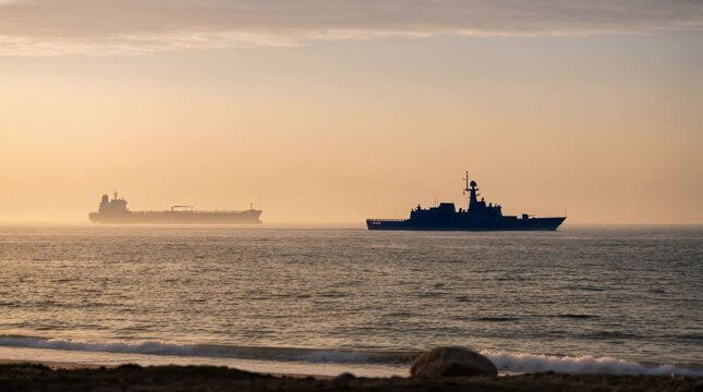 Military warship escorting oil tanker on ocean horizon. Naval vessel guarding commercial freighter . International maritime security operation.
