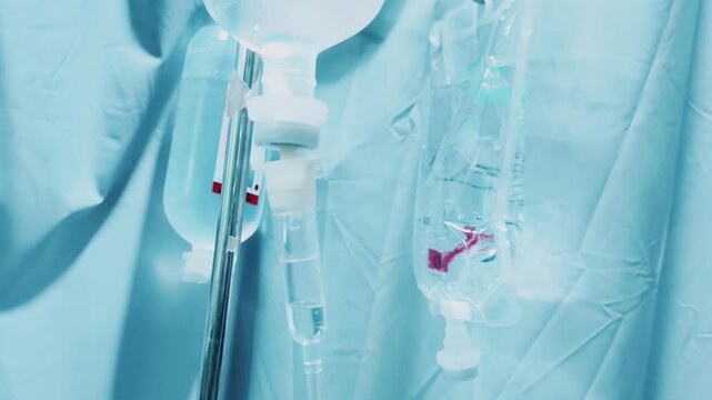 Medical IV infusion bags hanging in a hospital room, lit with a soft blue medical tone.