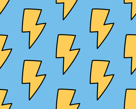 Yellow lightning bolt seamless pattern on light blue background. Doodle flash energy pattern vector illustration for fabric, wallpaper, or packaging design.