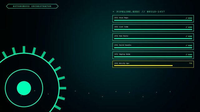 Digital displays showing an autonomous workflow process with loading bars and graphical circular motion indicators tracking data progression in a minimalist interface for corporate monitoring systems