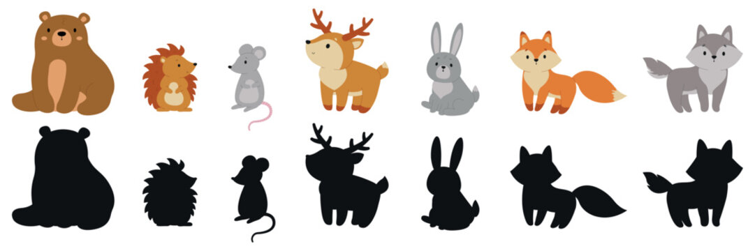 Cute forest animals with black shadow silhouettes set isolated on white background. Bear, fox, wolf, deer, rabbit, hedgehog, and mouse vector game for kids.