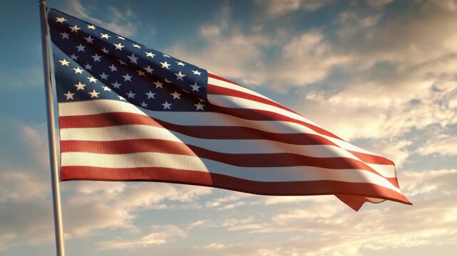 The American flag stands tall against a cloudy sky.