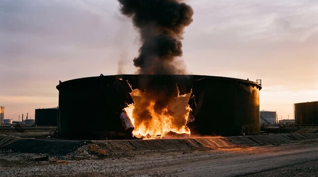 Oil refinery storage tank exploding with fire and thick black smoke. Industrial fuel facility disaster scenario. Energy supply security risk and geopolitical threat.
