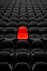 Fototapeta premium Bright red plastic chair standing out in a row of empty black seats. Leadership, uniqueness and individuality concept background in minimalist corporate or conference hall style