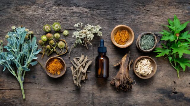 A rustic display of spices and herbs on a wooden surface with bowls containing various plant ingredients.