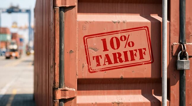 Metal shipping container with 10 percent tariff stamp at port. Global commerce and trade tax policy. Industrial logistics and economic regulation concept graphic.