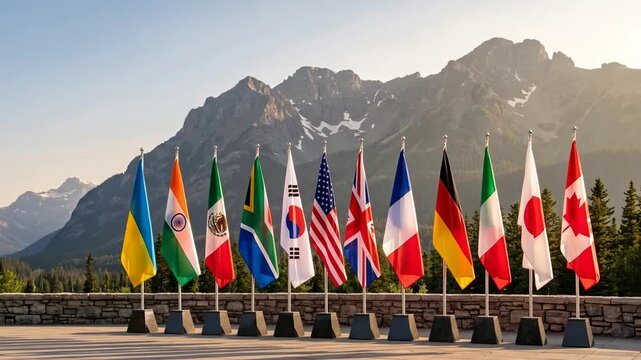 Many national flags waving in front of mountains. International summit concept with state banners. Global diplomatic cooperation and geopolitical unity event scene.