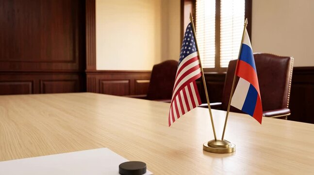 United States and Russian flags on a desk for diplomatic negotiation. International relations meeting room setting. Global policy and strategic summit concept.