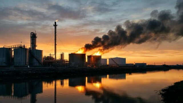 Oil refinery emitting dark smoke during fiery sunset. Industrial facility with burning storage tank. Global energy production and environmental pollution concept.