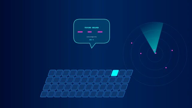 An automated ai copilot system displays digital data nodes and graphical radar scanning interfaces while moving across a glowing blue virtual keyboard panel in motion