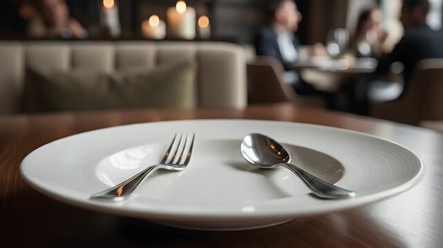 Empty white dinner plate resting on a wooden restaurant table featuring a clean silver fork and spoon ready for a formal dining experience at night