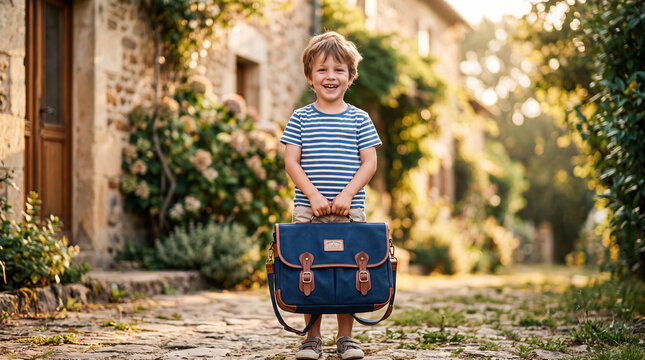 Petit gar&ccedil;on souriant portant un cartable bleu, marchant seul dans une ruelle ensoleill&eacute;e d'un village, pr&ecirc;t pour sa premi&egrave;re journ&eacute;e d'&eacute;cole avec enthousiasme et joie
