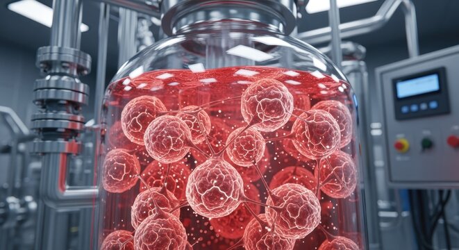 Conceptual image of cultured meat cells multiplying inside a glass bioreactor surrounded by sterile stainless steel infrastructure.