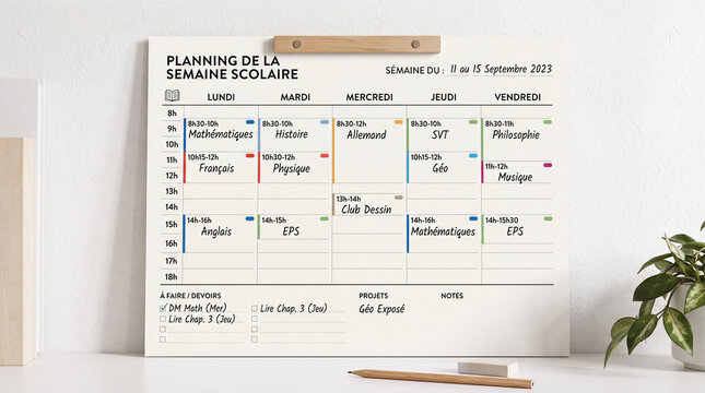 Planning hebdomadaire scolaire imprim&eacute; pos&eacute; sur un bureau en bois avec un stylo, organisant les activit&eacute;s, cours et devoirs de la semaine pour une bonne gestion du temps scolaire