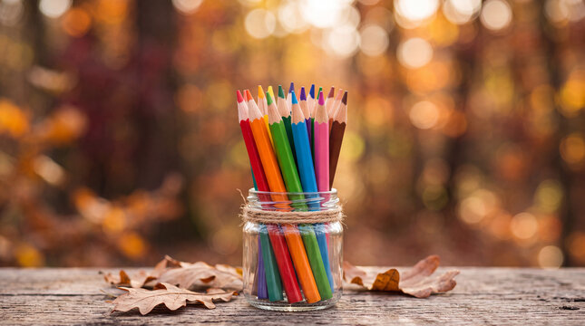 Pot rempli de crayons de couleur bien taill&eacute;s et align&eacute;s, pr&eacute;sent&eacute;s sur un bureau avec un arri&egrave;re-plan flou aux tons chauds et automnaux, ambiance cr&eacute;ative et scolaire