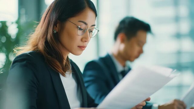 Woman in a suit reading papers at an office meeting with another man sitting nearby.