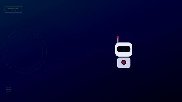 A small digital ai copilot blinks its glowing green eyes while floating inside a dark virtual interface screen with subtle neon pink circular orbit lines