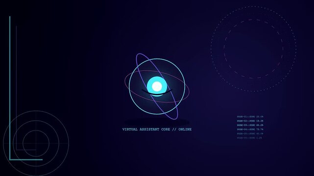 a glowing digital ai copilot sphere rotates amidst abstract orbiting rings and scrolling data lines on a dark blue screen creating a vibrant motion graphic display