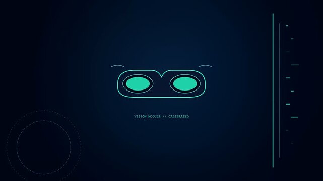 A digital AI copilot interface featuring glowing green ocular optics integrated into a dark procedural HUD display scanning for system data analysis across virtual monitor segments