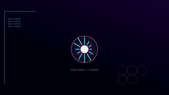 A circular ai copilot interface glows with neon blue light pulses and radiating thin lines against a dark purple void featuring hexagonal pattern overlays