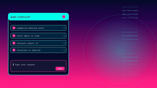 A digital AI copilot interface window featuring selectable text options and a text input box floating against a vibrant gradient purple and pink background scene