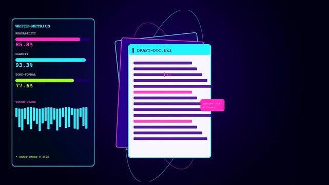 Digital ai copilot interface screens display dynamic progress bars with changing analytics metrics and document text filling the panel during a simulated software user experience