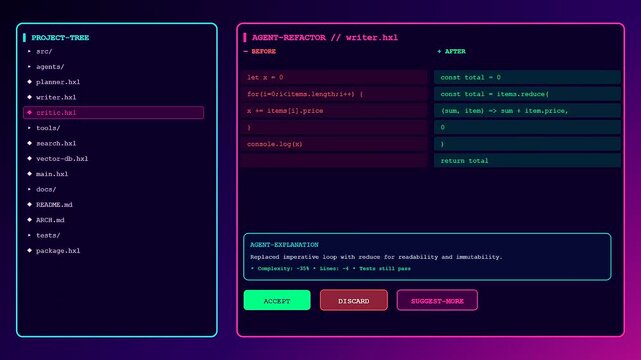 A digital ai copilot interface visualizes code refinement sequences as it processes multiple script modules within a dark glowing panel for software development workflows
