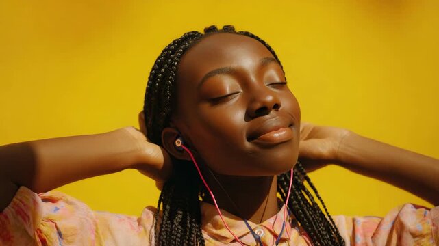 Woman relaxes with eyes closed, hands behind her head. Soft pink earbuds frame her calm expression. Bright yellow background enhances warm, peaceful mood
