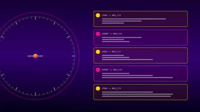 A digital AI copilot interface displays real time message logs with circular timer animations in a modern dark purple studio setting for professional software use