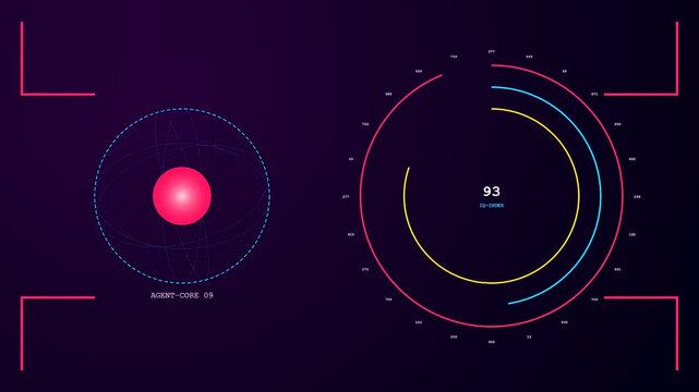 A sophisticated AI copilot interface featuring rotating circular data gauges with radiant glowing spheres and animated orbital ring pathways on a dark purple digital workspace screen