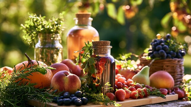 Late summer harvest still life with fresh peaches, strawberries, grapes and herb infused glass bottles in natural sunlight
