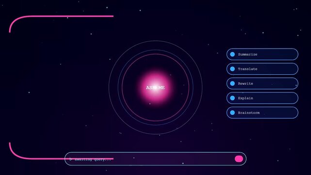 A futuristic ai copilot interface glows with pink neon light circles as a query bar sits at the bottom of the dark starry screen display