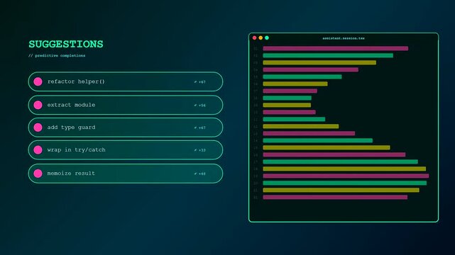 A digital screen interface displays an ai copilot showing sequential lines of colorful bar charts that expand and pulse across a dark neon workspace window