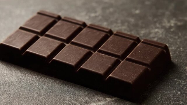 Dark chocolate bar with square sections, isolated on dark surface.