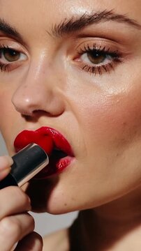 Vertical video: Applying model pressing red lipstick tube to lower lip in studio defining cupid bow