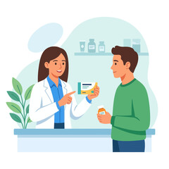 Obraz premium Pharmacist Advising Customer on Medication at Pharmacy Counter - Vector Illustration