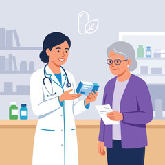 Obraz premium Pharmacist consulting senior woman patient about medication in modern pharmacy. Flat vector illustration.