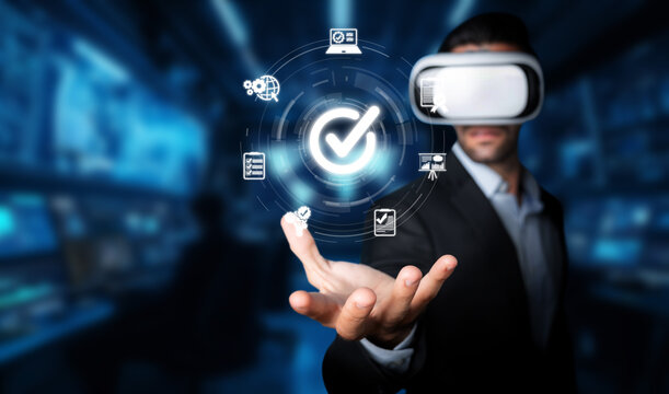 This image showcases a professional using virtual reality technology in a quality management setting, emphasizing the integration of innovative systems for effective service assurance. XDMCP