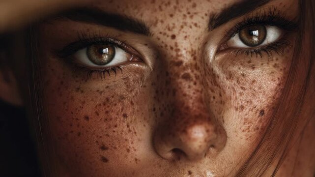 A beautiful young female model with rosy cheeks and light brown eyes