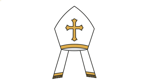 Elegant white bishop miter hat featuring a central golden cross and decorative bands.